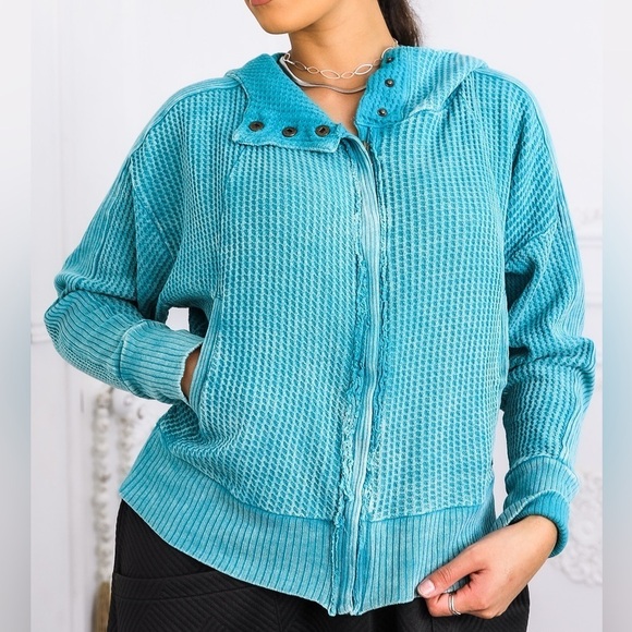 Sweaters - Teal Waffle Knit Zip-Up Hoodie